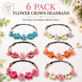 6 PCS Pink Flower Crown Headband for Women & Girls, Boho Floral Hair Accessories for Weddings, Bridesmaids, Flower Girls, Tea Party & Bavarian Festival