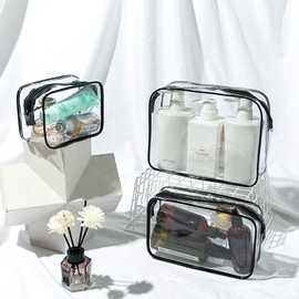 Women's Transparent Waterproof PVC Multifunctional 3-Piece Pouch Set for Travel & Business - Manufacturer Direct Black Transparent - Large 30ea