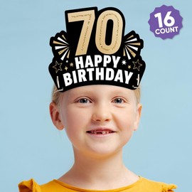 Big Dot of Happiness 70th Birthday Paper Crowns, Happy Birthday Party Headbands for Adults, DIY Black & Gold Milestone Party Hat Favors, 16 Count