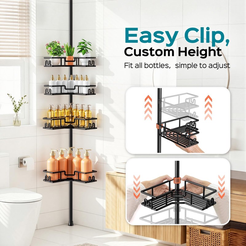 Shower Caddy Tension Pole: 4-Tier Adjustable Corner Organizer Black
