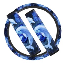 STUOARTE Dolphin Flower Printed 3 Piece Car Steering Wheel and Seat Belt Covers Set, Comfortable Neoprene Auto Steering Wheel Cover with 2 Piece Vehicle Seatbelt Cover, Car Interior Accessories