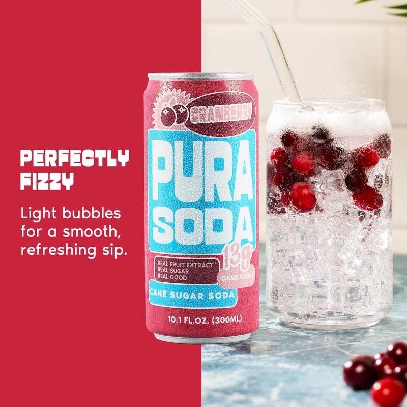 PuraSoda® Cranberry | Low-Calorie, Cane Sugar Soda Beverage | Non-GMO,