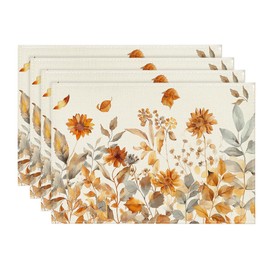 Artoid Mode Fall Floral Grass Placemats Set of 4, 12x18 Inch Thanksgiving Vintage Table Mats for Dining Party Decoration