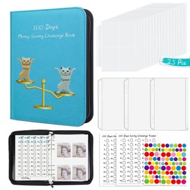 SEEALLDE 100 Envelopes Saving Challenge Binder with Zipper Cute Cat Money Saving book with Laminated Tracker for Budgeting, Cash Stuffing