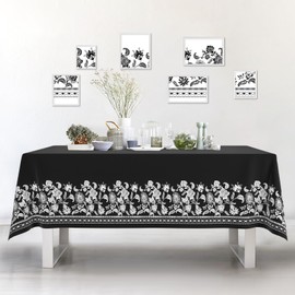 Ablecozy Black White Flowers Fabric Waterproof Tablecloth,Rectangle Watercolor Wrinkle Oil-Proof Resistant Table Cover for Dining Table, Buffet Parties and Camping,(60" x 84" inch)