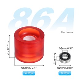 PATIKIL 61mm Skateboard Wheels 1 Set 86A Hardness Street Wheels PU Cruiser Wheels with 608RS Bearings for Skateboards Replacement, Transparent Red