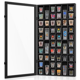 Mlikero Shot Glass Display Case, 52 Slots Shot Glass Holder Lockable Wall Mounted Shadow Box with UV Protection Acrylic Glass Shot Glass Door Storage Case for Multiple Shot Glasses