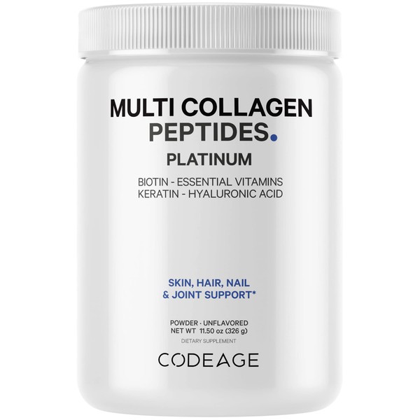 Codeage Multi Collagen Protein Powder with Biotin, Vitamin C, Keratin, Hyaluronic Acid, Vitamins B6 & D3 - Grass Fed Hydrolyzed Collagen Booster Shake Peptides - Hair, Skin, Nails, Joints – 11.50 oz