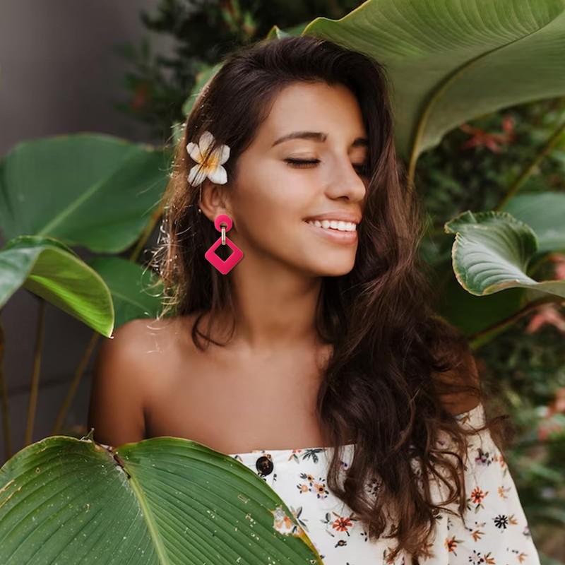 Boho Earrings for Women Clay Acrylic Rectangle Earrings Bamboo Hoop