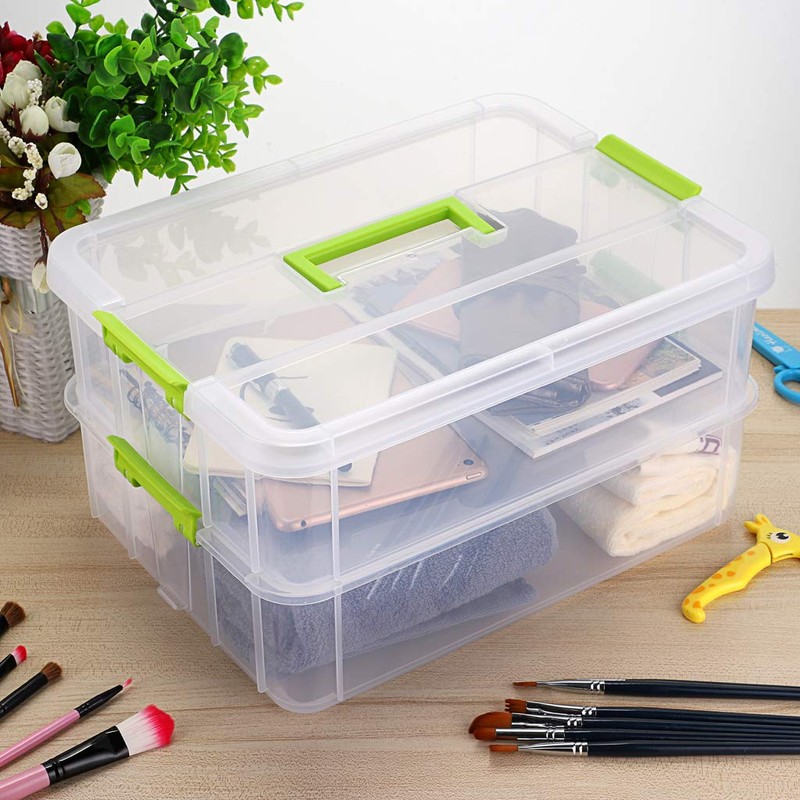 JUXYES 2-Tiers Stack Carry Storage Box With Handle, Transparent Stackable
