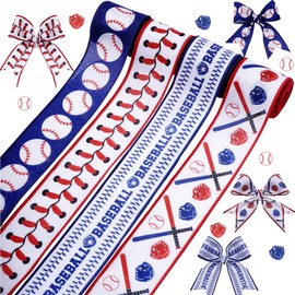 4-Roll Wired Edge Baseball Craft Ribbon - 2.5inch x 20Yards Polyester Ribbon | Sports Party Decoration Ribbons for DIY Crafts, Wreaths, Baseball Party Supplies, Gift Wrapping