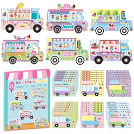CY2SIDE Ice-Cream Truck Face Sticker - 36PCS Summer Ice Cream Cart Scene Make a Face Sticker Sheet for Kids Make Your Own Dessert Truck Shop Scene with Sweets Craft Games for Kids Classroom Activities