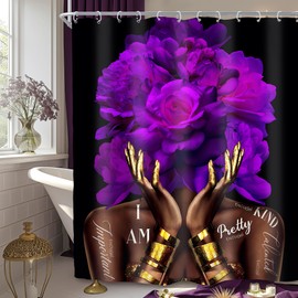 SVBright African American Shower Curtain 60Wx72L Inch Purple Black Girl Women Flower Peony Floral Modern Gold Quotes Girly Words 12 Pack Hooks Polyester Waterproof Fabric Bathroom Bathtub Panels