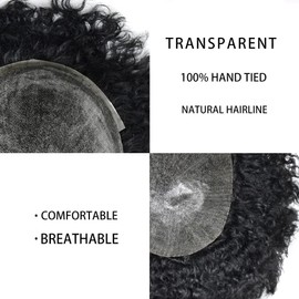 Afro Toupee Black Men Hair Piece Hair Units System Natural Poly Skin Afro Real Human Hair Afro Toupee For Men African American Hair Pieces Mens Toupee Hair Piece (8''X10'', 1B OFF BLACK-6MM Wave)