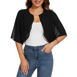 HANERDUN Bolero Women's Festive Elegant Chiffon Cardigan 3/4 Sleeve Short Shoulder Jacket Perfect with All Sorts of Cocktail Dress Evening Dress, black