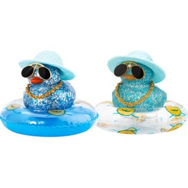 wonuu 2Pcs Car Dashboard Decorations Color Ducks, Rubber Duck for Car Ornament Accessories with Mini Hat Sunglasses Necklace and Swim Ring, B_Dark Blue&Blue Duck+Blue Sun Hat+Transparent