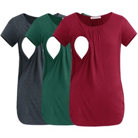 Smallshow Women's Nursing Tops Ruched Short Sleeve Breastfeeding Shirts 3-Pack Deep Green-Deep Grey-Wine Medium
