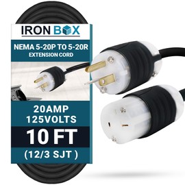 IronBox Electric NEMA 5-20P to 5-20R Extension Cord - 20A, 125V, 12/3 SJT - Heavy Duty Outdoor Generator Cords & Plugs - UL Listed Extension Cable for Data Centers, Camper & More (10 ft, Custom Built)