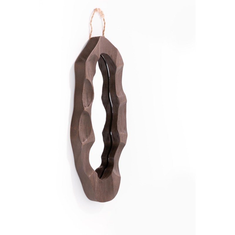 Handcrafed Rustic Wood Framed Wall Mirror, Wavy Irregular Oval Shape