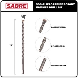 Sabre Tools 9/16 Inch x 12 Inch SDS Plus Rotary Hammer Drill Bit, Carbide Tipped for Brick, Stone, and Concrete Version 2 (9/16" x 10" x 12")