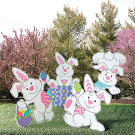 Tumbling Bunnies Yard Stakes for Easter - Set of 4 Signs - Large 20 inch x 28 inch Size - Outdoor Easter Decorations and Egg Hunt Decor