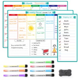 MaxGear Magnetic Calendar for Fridge Set of 3 Calendar Whiteboard-Monthly Fridge Calendar+ Weekly Dry Erase Board for Refrigerator + Magnetic Shopping List with 7 Fine Point Markers and 1 Eraser