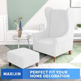 MAXIJIN Stretch Velvet Wingback Chair Slipcover 1-Piece Soft Stylish Plush Slipcovers for Wingback Chairs Thick Rich Velvet Wing Chair Cover with Elastic Bottom (Wing Chair, White)