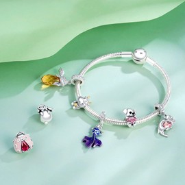 NINGAN 925 Sterling Silver Pink ladybird Beads Shiny Zircon Charm for Women Bracelets Gifts for Children Family Friends