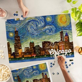 Lantern Press 1000 Piece Jigsaw Puzzle, Chicago, Illinois, Starry Night