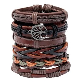 6 Brazaletes Pulseras De Hombre Cuero Vintage Café Varonil Con Dije Árbol Color Café