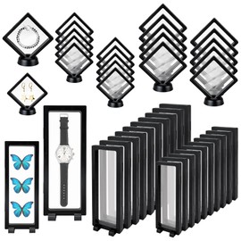 QLFJ-FurDec 40 PCS Floating Display Case, 3D Challenge Coin Display Holder Frames with Stands, Transparent PE Jewelry Storage Box for Butterfly, Medallion, Shells, Gems, Pins, Specimen (Black)