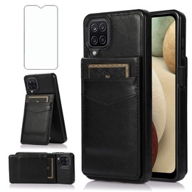 Phone Case for Samsung Galaxy A42 5G with Tempered Glass Screen Protector Credit Card Holder Wallet Cover Stand Leather Cell Accessories Glaxay A 42 G5 Gaxaly 42A S42 4G 2021 Cases Women Men Black