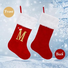 19 Inches Monogram Christmas Stockings with Letters, Large Super Soft Christmas Stockings Red Velvet with White Super Soft Plush Cuff for Christmas Xmas Tree Holiday Fireplace Family Decor Gifts (V)