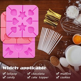 303Piece Valentine's Day Silicone Molds Candy Molds Silicone Lollipop Molds Set Heart Sakura Bow Tie Lip Rose flower Star Candy Cane Molds Baking Molds with Lollipop Sticks,Treat Bags and Twist Ties