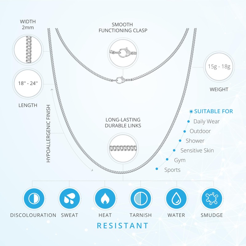 Silvadore 2mm Mens Silver Chains Necklace - Stainless Steel CUBAN