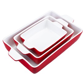GarveeHome Baking Dishes Set of 3, Ceramic Bakeware Set with Handles, Porcelain Baking Pan Casserole Dishes for Oven and Microwave, Deep Lasagna Pan for Baking, Cooking, Wedding Gift - Red