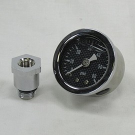 Marshall 60 psi Oil Pressure Gauge with Mount Adapter for 1970-1999 Harley Big Twin - Shock Proof and Liquid Filled - 1/8" NPT Fitting - Carbon Fiber Style Gauge Face - Bobber Chopper Cafe Racer