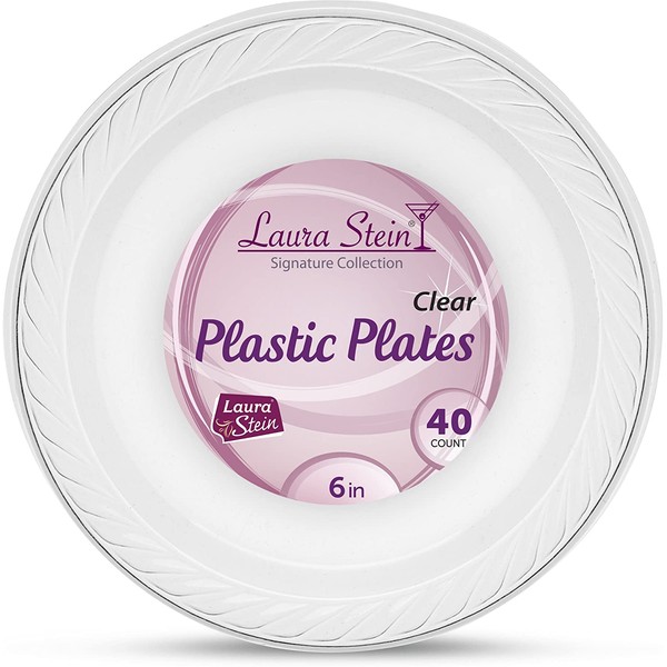 [120 Count -6 Inch Plates] Laura Stein Premium Heavy Weight Crystal Clear Disposable Plastic Dessert Size Plate, Great For Wedding, Event, Parties, Catering, Buffets, 3 Packs
