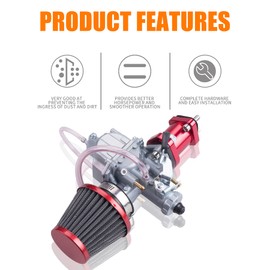 ORAEVY VM22 26mm Carburetor Carb Kit fit for Performance Intake Pipe Mainfold 38mm Air Filter Fit For Predator 212cc GX160 Honda GX200 CT200U 196cc KT196 Clones Go Kart Mini Bike Race Kart (Red)