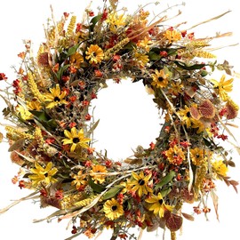 Egolot 24 Inch Large Yellow Daisy Flower Eucalyptus Leaves Wreath for Front Door, Spring Yellow Flower Wreath with Grain Picks and Wild Flowers for Indoor and Outdoor, Rustic Farmhouse Home Decor