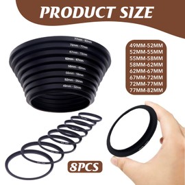 Set of 8 Step-Up Rings for Photo Filter Adapters: Diameter from 49mm to 82mm, Sizes: 49-52, 52-55, 55-58, 58-62, 62-67, 67-72, 72-77, 77-82mm, for maximum compatibility and versatility