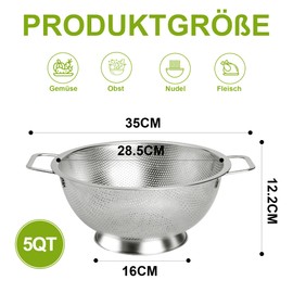 YC Kitchen Stainless Steel Sieve, Stainless Steel Kitchen Strainer, Pasta Strainer with Handles, Dishwasher Safe, 28.5 cm