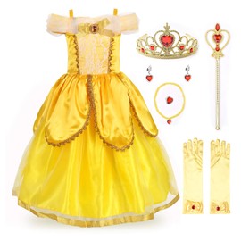 JerrisApparel Princess Belle Costume Deluxe Party Fancy Dress Up for Girls (8 years, Yellow Two with Accessories)