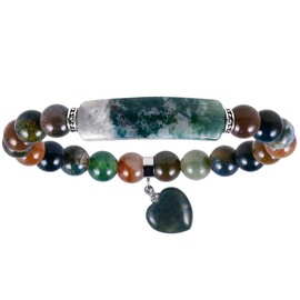 mookaitedecor 8mm Indian Agate Semi Precious Gemstone Stone Beads Bracelet for Chakra Reiki Energy, Natural Healing Crystal Bracelet Love Heart Charm Romantic Bracelet Men Women Jewellery Gift