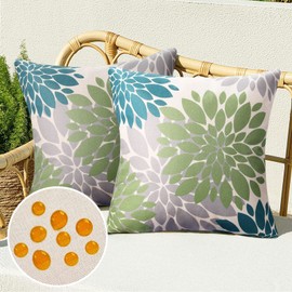 Cushion Cover, 45 x 45 cm, Waterproof Sofa Cushion Cover, Modern Spring Flowers, Blue Grey, Sofa Decorative Cushion Covers, Linen Decorative Cushion Cover for Sofa Bedroom, Green and Blue, Set of 2