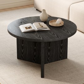 Luoxiao Small Round Coffee Table for Living Room Minimalist Center Table for Small Space Modern End Table with Adjustable Feet Pads Black, Wood Grain B