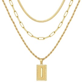 Layered Initial Necklaces for Women, 14K Gold Plated Layering Snake Choker Necklace Paperclip Chain Necklace for Women Square Letter I Initial Necklace Layered Gold Necklaces for Women Jewelry Gifts