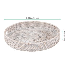 SENJEOK 2 PCS 11.8 x 2 Inch Rattan Serving Tray with Handles, Round Woven Rattan Decorative Ottoman Tray for Home, Kitchen, White