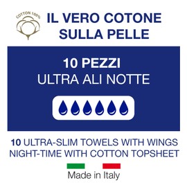COTTON SOUND Ultra Absorbent Night Wings 10 Pack 100% Cotton Hydrophilic Hypoallergenic Dermatologically Tested Super Absorbent Multilayer Technology Made in Italy