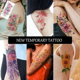 Nirbffo Large Flowers Temporary Tattoo with Floral Pattern, Watercolour Flowers Tattoo Sticker Designs for Women and Girls, Purple, Red, Yellow, Sunflowers, Pack of 10